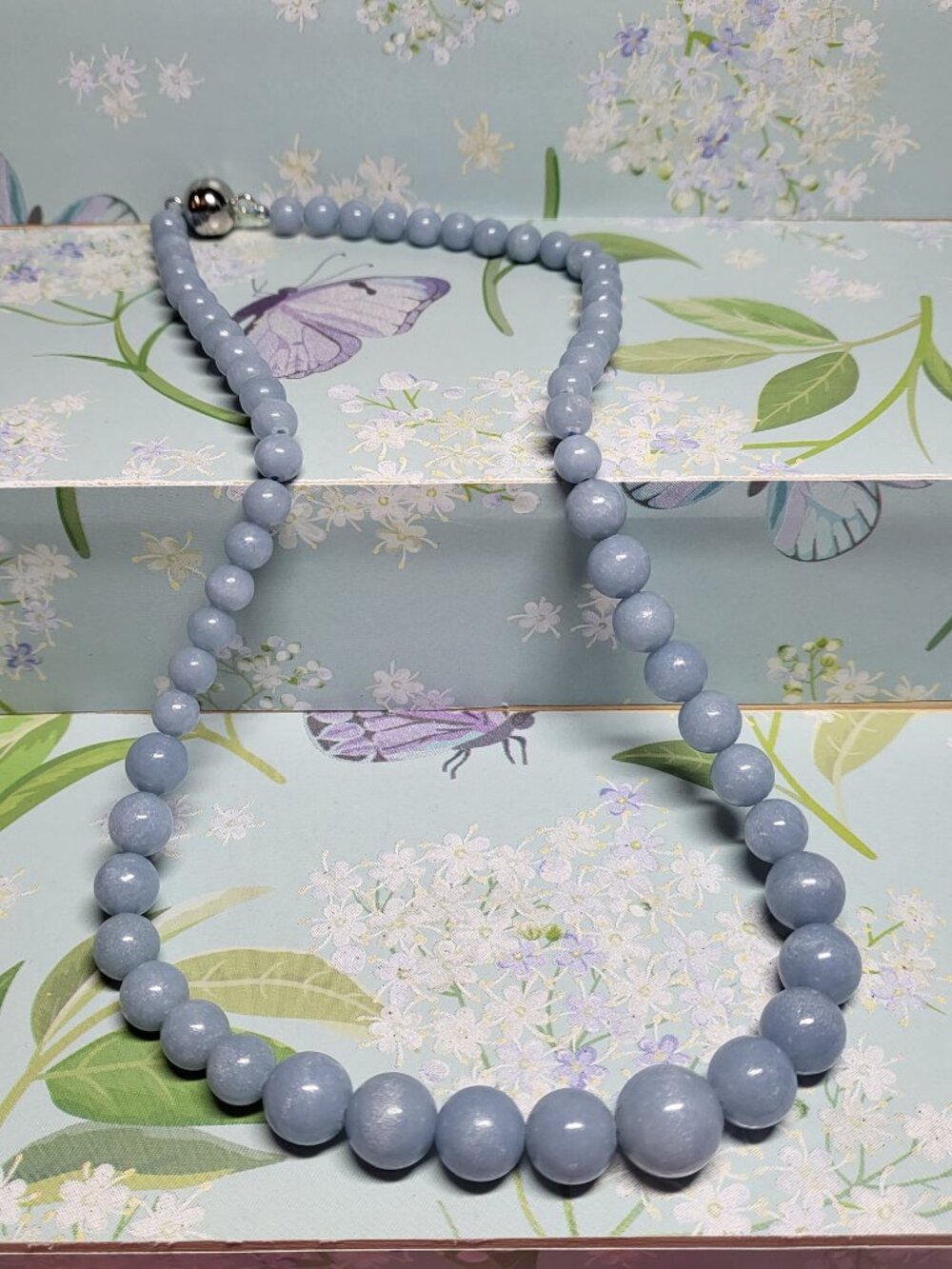 Natural Blue Angelite Graduated Beaded Statement Necklace
